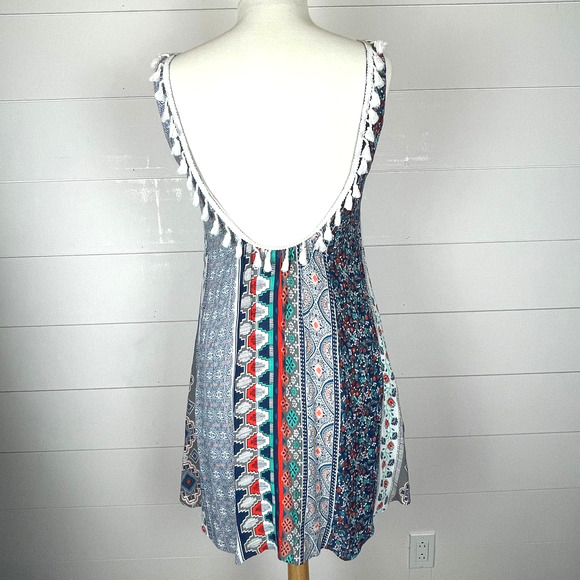 Blush Dress Womens Small Blue Mini Sleeveless V Neck Floral Aztec Fringe Casual - Picture 4 of 10